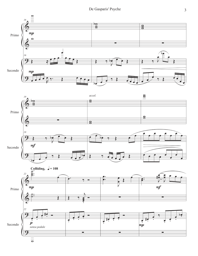 This image features the cover page of a musical score for a piano duet. Composer: Rebecca Farmer, Title: De Gasparis' Psyche, Published: 2024 by Rocky Ptarmigan Publishing, Affiliations: Psyche Inspired and ASCAP.