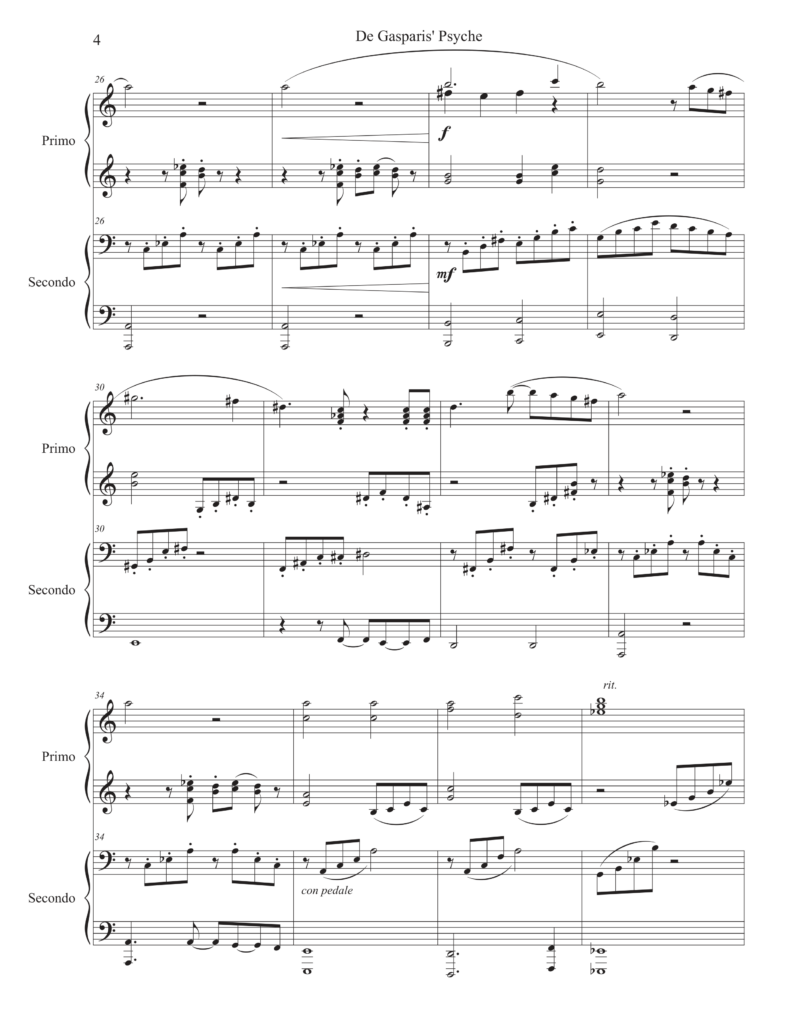 This image features the cover page of a musical score for a piano duet. Composer: Rebecca Farmer, Title: De Gasparis' Psyche, Published: 2024 by Rocky Ptarmigan Publishing, Affiliations: Psyche Inspired and ASCAP.