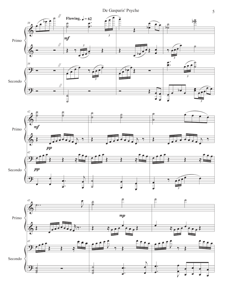 This image features the cover page of a musical score for a piano duet. Composer: Rebecca Farmer, Title: De Gasparis' Psyche, Published: 2024 by Rocky Ptarmigan Publishing, Affiliations: Psyche Inspired and ASCAP.