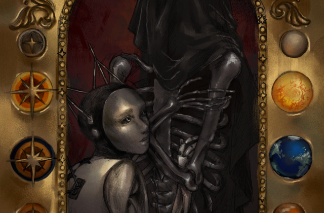 An android reaches for a metal skeleton whose head is obscured by cloth. This portrait is contained in a decorative frame which depicts, counterclockwise from the bottom, the asteroid Psyche, the terrestrial planets, a sheep made of gears and cogs, the Moon, a sheep made of flesh and bones, and the cores of the terrestrial planets.