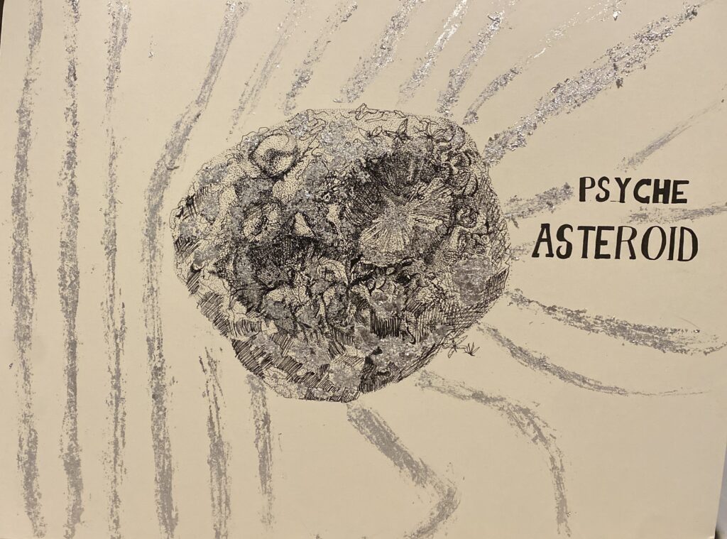 This stippled and cross-hatched ink illustration of the Psyche asteroid uses metallic flakes to highlight its metallic core and magnetic field. The design incorporates a closed eye symbolizing Goddess Psyche and hidden butterflies within the asteroid, blending science and mythology.