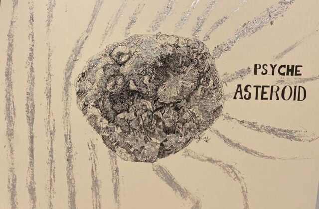 This stippled and cross-hatched ink illustration of the Psyche asteroid uses metallic flakes to highlight its metallic core and magnetic field. The design incorporates a closed eye symbolizing Goddess Psyche and hidden butterflies within the asteroid, blending science and mythology.