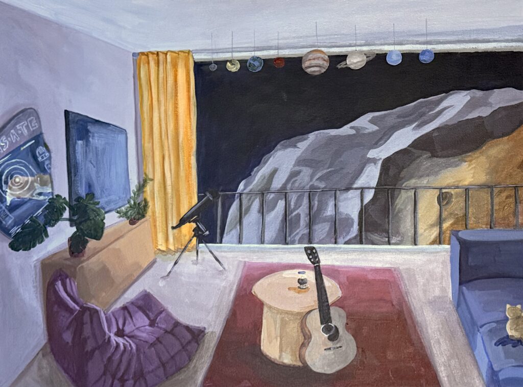 The View On Board places the audience onto the spacecraft as it approaches 16 Psyche. The painting depicts an ordinary living room with Taters sitting on a sofa and a centerpiece with the lucky peanuts sitting on top. At the center is a larger window through which the viewer can see a close up of the Psyche asteroid as it floats through space. A telescope and solar system model frames the window.