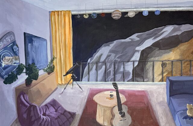 The View On Board places the audience onto the spacecraft as it approaches 16 Psyche. The painting depicts an ordinary living room with Taters sitting on a sofa and a centerpiece with the lucky peanuts sitting on top. At the center is a larger window through which the viewer can see a close up of the Psyche asteroid as it floats through space. A telescope and solar system model frames the window.