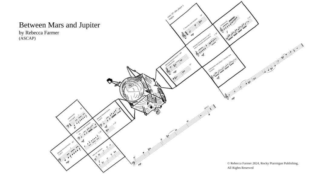 This image illustrates the satellite launched towards the Psyche asteroid. The piece is titled 'Between Mars and Jupiter', featuring a central body with extending solar panels. The panels display musical notations with text instructions.