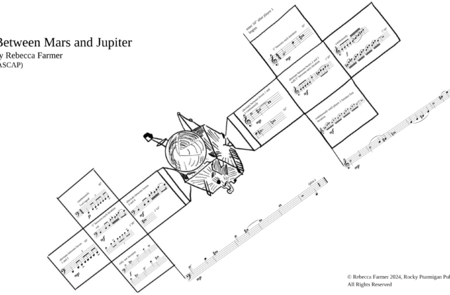 This image illustrates the satellite launched towards the Psyche asteroid. The piece is titled 'Between Mars and Jupiter', featuring a central body with extending solar panels. The panels display musical notations with text instructions.