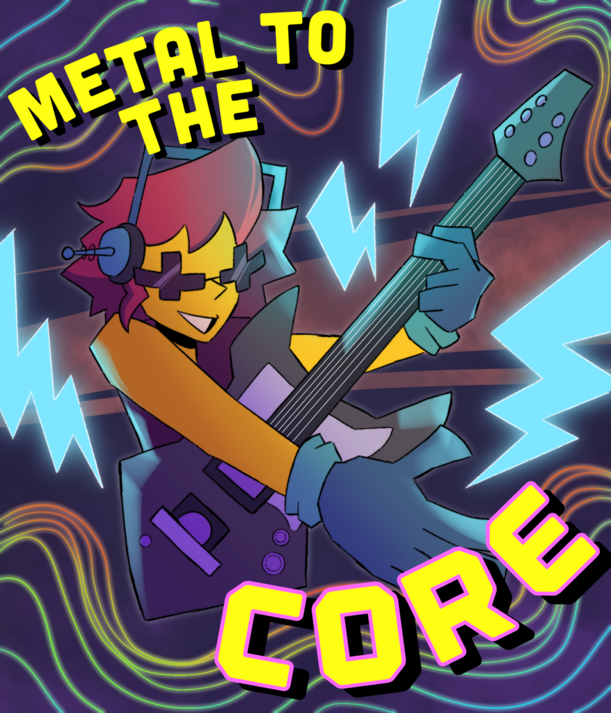 Sticker one: “Metal to the Core” text with Psyche character playing an electric guitar with magnetic waves radiating off her. Sticker two: “Psyched out of your Mind” text half the Psyche character head as the asteroid with a metallic effect Sticker Three: “Get Psyched” text with character being silly with her hands in a picture pose Sticker Four: “Psyched” text with a headshot of the character