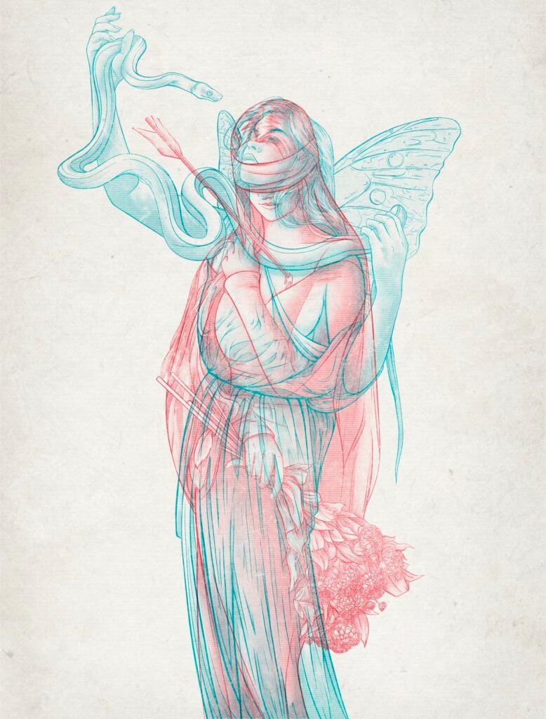 Psyche stands dressed in a funeral gown, and holding a bouquet of flowers. She wears a blindfold, her head tilted downward, and her shoulders are slumped as an arrow pierces her heart. Overlaid on top of this image, is another version of Psyche. She stands tall and confident as she meets the gaze of a monstrous serpent. Butterfly wings sprout from her back, a symbol of her newly achieved godhood.