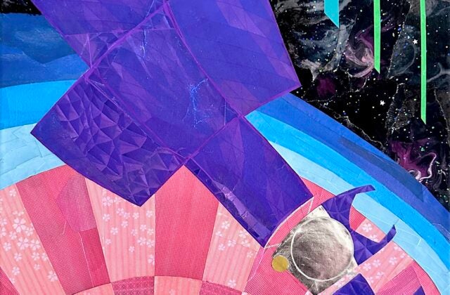 A colorful paper collage made of sharp geometric shapes and smooth curves. The Psyche spacecraft has large purple solar panels stretching diagonally across the canvas. The background features a pattern of pink and orange concentric circles surrounded by black space and glittery stars.