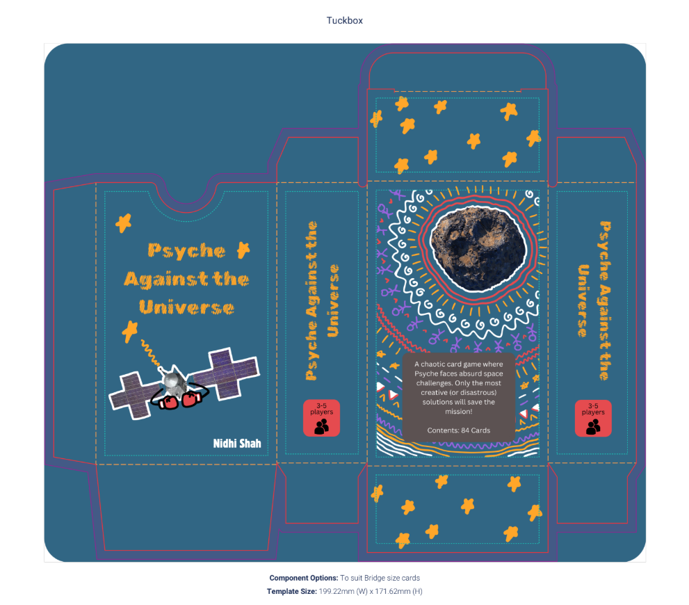 The card game consists of a blue box decorated with cartoonish designs including the spacecraft with punching mitts. Inside there are yellow prompt cards and brown answer cards with a title and funny description. Answer cards also have rankings for their effectiveness and chaos factor. There is also a rulebook which describes the contents and additional rules to add chaos to the game.