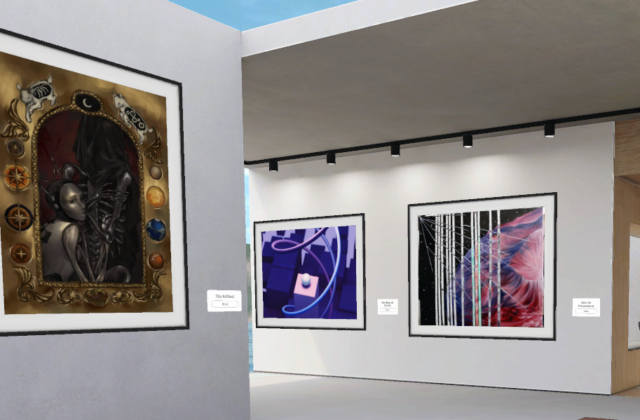 A screenshot of a virtual art gallery showing Psyche Inspired art on the walls.